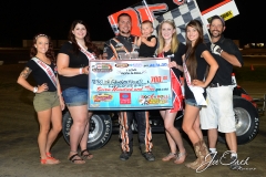 Eagle-07-11-15-500-Trevor-Grossenbacher-with-2015-Miss-Nebraska-Cup-Jen-Harter-with-2015-Miss-Eagle-Raceway-finalist-Kayla-Meidinger-Zoe-Dalton-Robyn-Burnison-with-flagman-Billy-Lloyd-JoeOrthPhotos