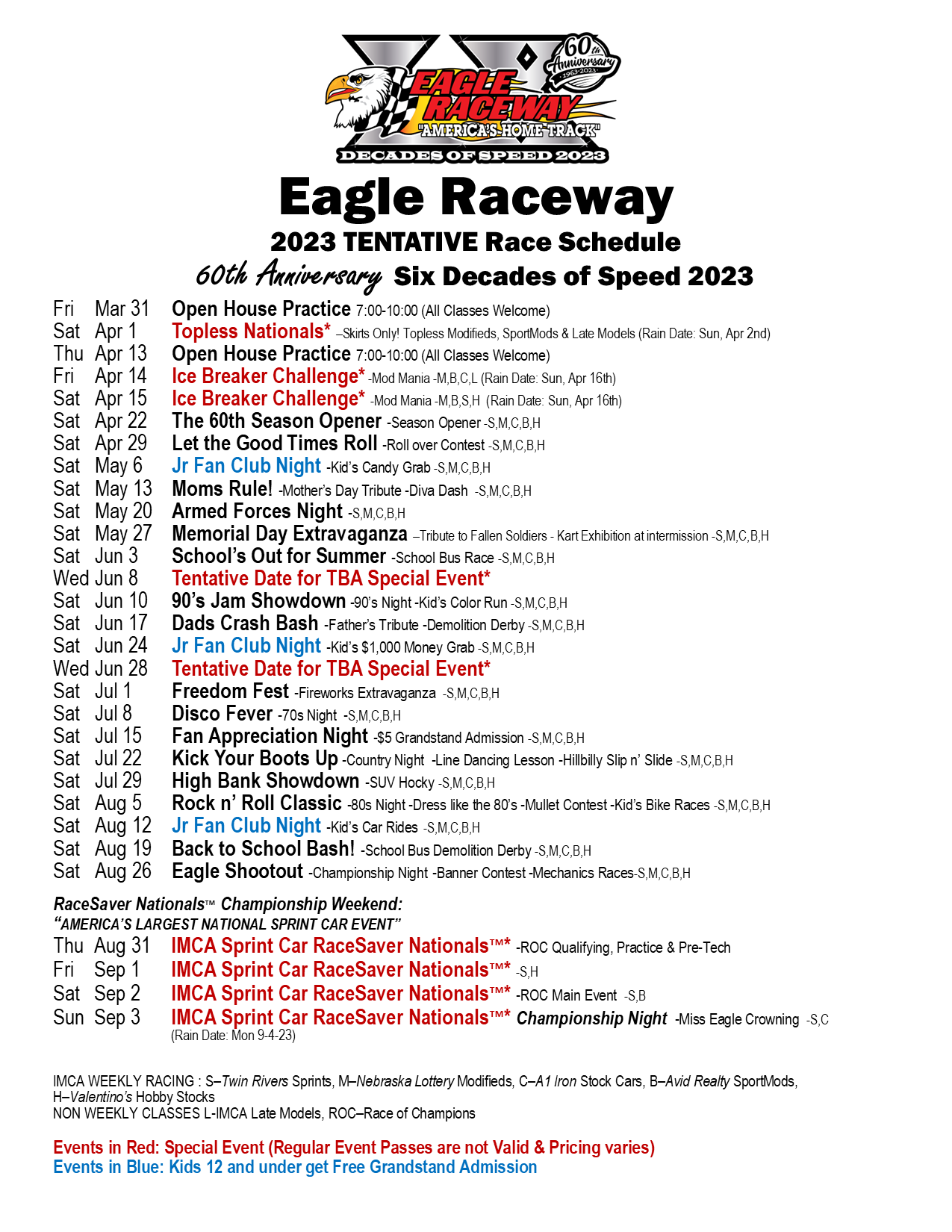 The Tentative 2023 Eagle Raceway Schedule has been released. - Eagle Raceway